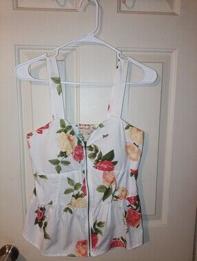 Liberty Love XL White Floral Tank Front Zip up W\Multicolor Roses XL 🌹